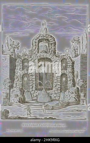 Ispirati da Fontana con colombe nei giardini di Villa Doria Pamphilj a Roma, Columbae Pamphyliae Fons, le fontane ne palazzi e ne giardini di Roma, Fontane nei palazzi e giardini di Roma, Fontana con figure bagnanti nel bacino in primo piano. Numerato in basso a destra: 25. La stampa è, reimmaginata da Artotop. L'arte classica reinventata con un tocco moderno. Design di calda e allegra luminosità e di raggi di luce. La fotografia si ispira al surrealismo e al futurismo, abbracciando l'energia dinamica della tecnologia moderna, del movimento, della velocità e rivoluzionando la cultura Foto Stock