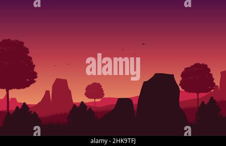 Vista realistica della montagna al tramonto dal bordo della scogliera con sagome di pini intorno.Vector illustrazione di una città Illustrazione Vettoriale