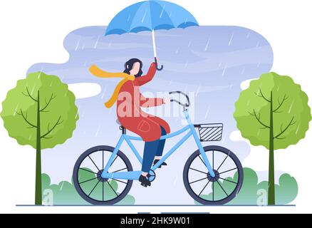 Persone che indossano impermeabile, stivali in gomma e ombrello in mezzo alla pioggia pioggia pioggia pioggia pioggia pioggia pioggia tempesta. Illustrazione di Cartoon Vector di Flat background per Banne Illustrazione Vettoriale