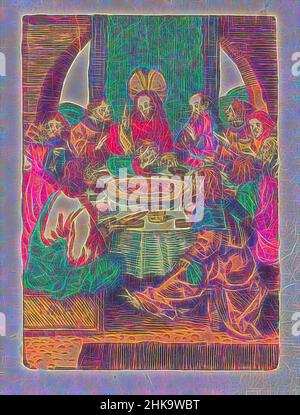 Ispirato dall'ultima cena, dalla piccola Passione, dalla stupida Passione, Cristo siede con i suoi discepoli all'ultima cena. Giovanni mette la testa contro il petto di Cristo. L'agnello pasquale si trova su un piatto sul tavolo. In primo piano Giuda con la borsa di pezzi d'argento in mano. La stampa fa parte di un libro, reinventato da Artotop. L'arte classica reinventata con un tocco moderno. Design di calda e allegra luminosità e di raggi di luce. La fotografia si ispira al surrealismo e al futurismo, abbracciando l'energia dinamica della tecnologia moderna, del movimento, della velocità e rivoluzionando la cultura Foto Stock