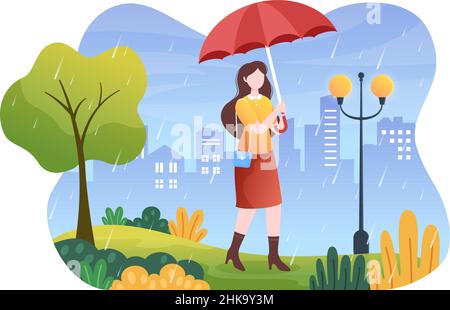 Persone che indossano impermeabile, stivali in gomma e ombrello in mezzo alla pioggia pioggia pioggia pioggia pioggia pioggia pioggia tempesta. Illustrazione di Cartoon Vector di Flat background per Banne Illustrazione Vettoriale