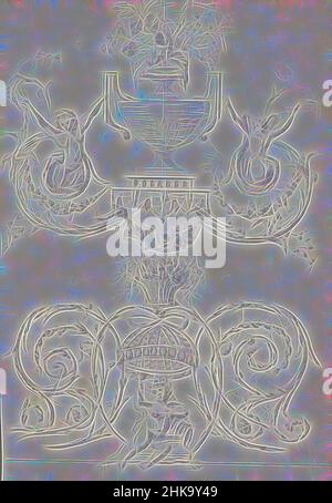 Ispirato da ornamento con fiori, un vaso e putti, vaso con fiori con putti su entrambi i lati e sotto una ghirlanda. Sotto la ghirlanda un cesto di fiori e un tetto a cupola sopra un putto coronato. Su entrambi i lati del putto e cupola tendri con foglie e fiori. Foglio 59 recto da a, reinventato da Artotop. L'arte classica reinventata con un tocco moderno. Design di calda e allegra luminosità e di raggi di luce. La fotografia si ispira al surrealismo e al futurismo, abbracciando l'energia dinamica della tecnologia moderna, del movimento, della velocità e rivoluzionando la cultura Foto Stock