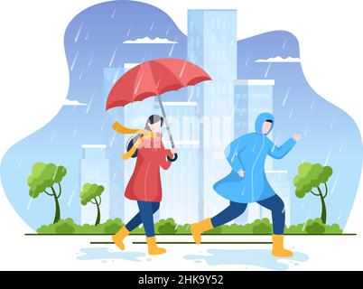 Persone che indossano impermeabile, stivali in gomma e ombrello in mezzo alla pioggia pioggia pioggia pioggia pioggia pioggia pioggia tempesta. Illustrazione di Cartoon Vector di Flat background per Banne Illustrazione Vettoriale