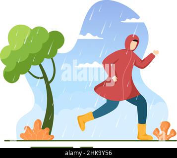 Persone che indossano impermeabile, stivali in gomma e ombrello in mezzo alla pioggia pioggia pioggia pioggia pioggia pioggia pioggia tempesta. Illustrazione di Cartoon Vector di Flat background per Banne Illustrazione Vettoriale