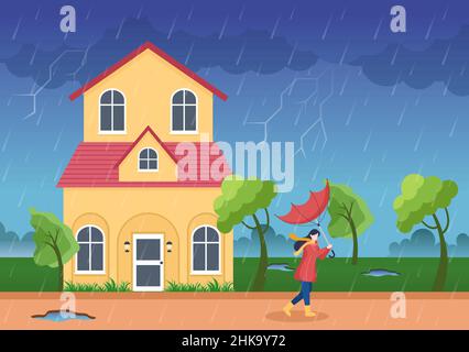 Persone che indossano impermeabile, stivali in gomma e ombrello in mezzo alla pioggia pioggia pioggia pioggia pioggia pioggia pioggia tempesta. Illustrazione di Cartoon Vector di Flat background per Banne Illustrazione Vettoriale