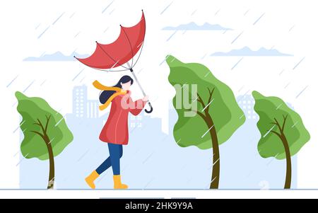 Persone che indossano impermeabile, stivali in gomma e ombrello in mezzo alla pioggia pioggia pioggia pioggia pioggia pioggia pioggia tempesta. Illustrazione di Cartoon Vector di Flat background per Banne Illustrazione Vettoriale