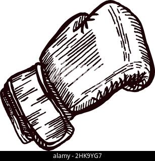 Guanti da boxe che colpiscono lo schizzo isolato. Attrezzatura sportiva per pugilato in stile disegnato a mano. Design inciso per poster, stampa, illustrazione di libri, logo, Illustrazione Vettoriale