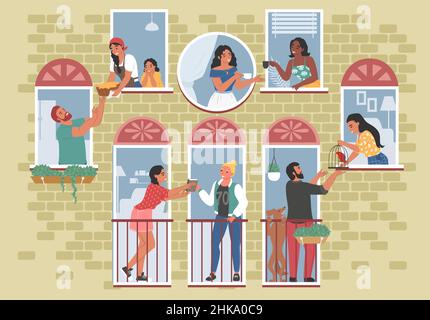 Buoni vicini che comunicano tra loro da finestre aperte e balconi, illustrazione vettoriale piatta. Gente felice che parla, bevendo il tè, il caffè, la cenere Illustrazione Vettoriale