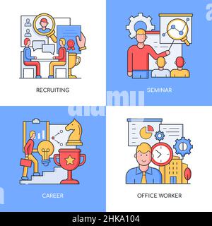 Carriera d'ufficio - insieme di disegno linea stile illustrazioni colorate. Quattro immagini dettagliate sulla cultura aziendale e l'argomento della promozione. Reclutamento, assunzione di un Illustrazione Vettoriale