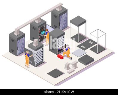 Ingegneri che installano server nel data center, illustrazione isometrica vettoriale piatta. Hardware di configurazione, installazione e configurazione del server di rete, software Illustrazione Vettoriale