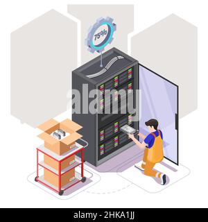 Ingegnere che ripara la rete del server nel data center, illustrazione isometrica vettoriale. Servizi di manutenzione e riparazione dei server. Illustrazione Vettoriale