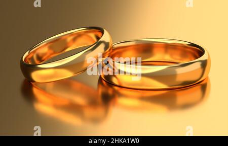 Illustrazione di due anelli d'oro di nozze. Concetti di unità. 3d rendering Foto Stock