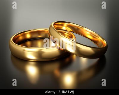 Illustrazione di due anelli dorati di nozze. Concetti di unità. 3d rendering Foto Stock