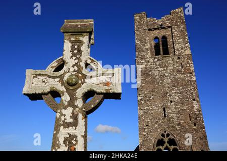 Friedhof und Ruinen der Klosterkirche auf dem Hill of Slane, Provinz Leinster, Irland / le rovine della chiesa franca e il cimitero sulla collina Foto Stock