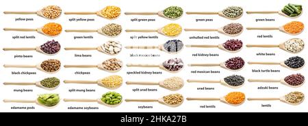 set di fagioli, piselli e lenticchie con nomi in cucchiai di legno isolati su sfondo bianco Foto Stock