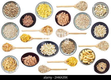 set di vari cereali secchi isolati su sfondo bianco Foto Stock