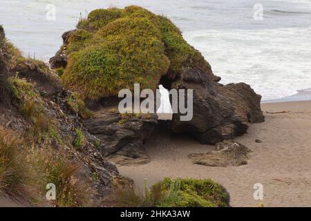 Curiosa formazione rocciosa sulle rive dell'oceano a Chiloe Island, Cile Foto Stock