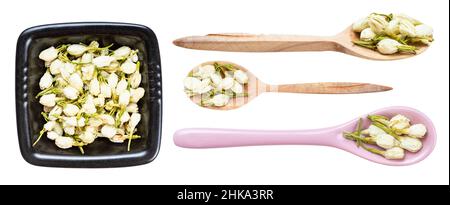 set di vari fiori di gelsomino secco isolato su sfondo bianco Foto Stock