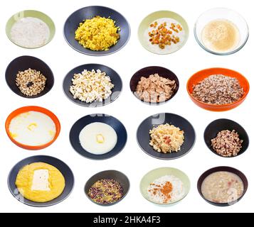 set di vari cereali e fagioli cotti isolati su sfondo bianco Foto Stock