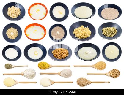 set di varie semole di grano tenero crudo e cotte isolate su sfondo bianco Foto Stock