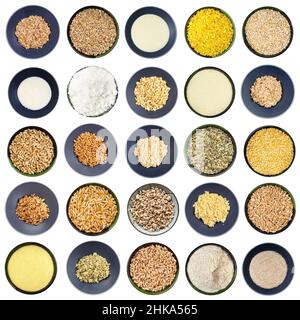 set di grani crudi e cotti vari in ciotole isolato su sfondo bianco Foto Stock