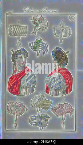 Ispirato a Journal des dames et des Modes, edizione Frankfurt 1 juillet 1806, Costume Parisien (27), sei modelli di cappelli con cappuccio, un cofano e un esempio di acconciatura con trecce sollevate e pendenti, vista dalla parte anteriore e da dietro. Secondo il testo di accompagnamento (pag. 21): Fig. 2: Capotes de, reinventato da Artotop. L'arte classica reinventata con un tocco moderno. Design di calda e allegra luminosità e di raggi di luce. La fotografia si ispira al surrealismo e al futurismo, abbracciando l'energia dinamica della tecnologia moderna, del movimento, della velocità e rivoluzionando la cultura Foto Stock