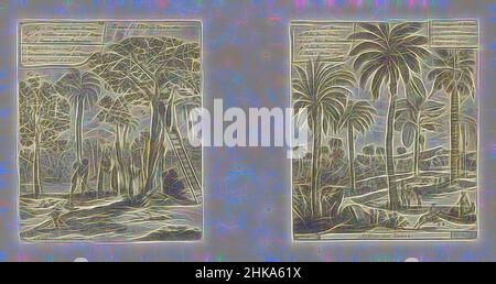 Ispirato da Paesaggi con alberi di mango, palme e cocco, frutta de l'ile de Java, ecc, Arbres des Indes, Les Indes Orientales et Occidentales et autres lieux, due rappresentazioni su una foglia di album. A sinistra un paesaggio con l'albero di mango. Su una scala contro l'albero un uomo sta picking, reimmaginato da Artotop. L'arte classica reinventata con un tocco moderno. Design di calda e allegra luminosità e di raggi di luce. La fotografia si ispira al surrealismo e al futurismo, abbracciando l'energia dinamica della tecnologia moderna, del movimento, della velocità e rivoluzionando la cultura Foto Stock
