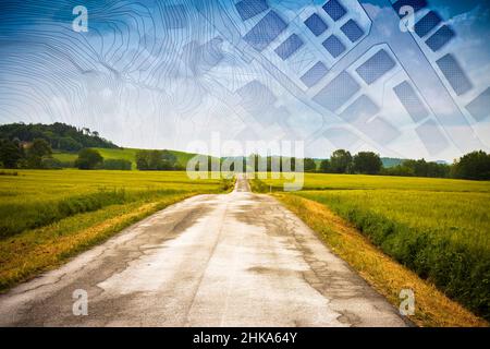 Dalla natura ad una nuova città - immagine concettuale con una scena rurale che svanisce sulla mappa di una mappa immaginaria della città con edifici e strade - la natura diventa Foto Stock