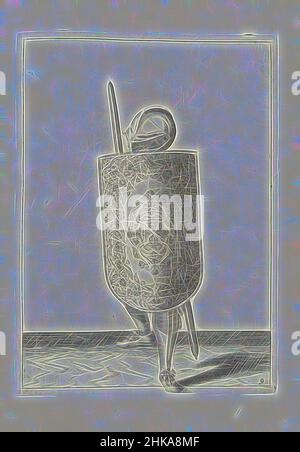 Ispirati dall'esercizio con la tela e la pinza: Come il soldato deve difendersi con la tela poggiata contro il ginocchio sinistro e la spalla sinistra, la pinza trafilata in mano, vista dalla parte anteriore, (nr 9), 1618, De Nassausche Wapen-Handelinge, van Schillt, Spies, Rappier ende Targe : Beyde, reinventato da Artotop. L'arte classica reinventata con un tocco moderno. Design di calda e allegra luminosità e di raggi di luce. La fotografia si ispira al surrealismo e al futurismo, abbracciando l'energia dinamica della tecnologia moderna, del movimento, della velocità e rivoluzionando la cultura Foto Stock