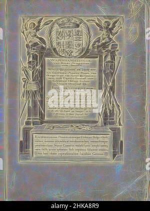 Ispirato da Title page per Jacob de Gheyns Wapenhandelinghe van Roers Musquetten en speiessen, 1607, Wapenhandelinghe van Roers, musquetten en speiessen achtervolgende de ordre van (...) Maurits Prince van Orangie (...) Figuirlyck wtgebeelt, di Jacob de Gheijn, pagina del titolo di Jacob de Gheyns, reinventato da Artotop. L'arte classica reinventata con un tocco moderno. Design di calda e allegra luminosità e di raggi di luce. La fotografia si ispira al surrealismo e al futurismo, abbracciando l'energia dinamica della tecnologia moderna, del movimento, della velocità e rivoluzionando la cultura Foto Stock