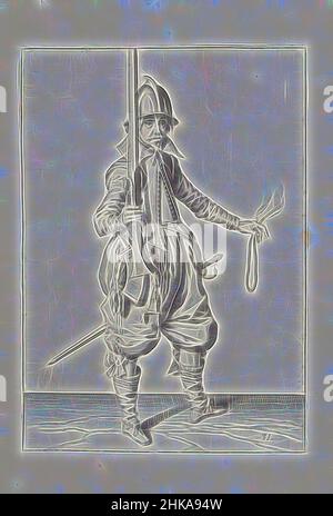 Soldato che tiene il timone in posizione verticale con la mano destra (n. 31), c.. 1600, un soldato, a tutta lunghezza, a destra, tenendo un timone (un particolare tipo di arma da fuoco) con la mano destra, il cilindro rivolto verso l'alto, prima di mettere l'arma sulla spalla sinistra (n. 31), c.. 1600. Nella sua mano sinistra tesa una fuse bruciante. Targa 31 nelle istruzioni per la movimentazione del timone: Corte onderwysinghe op de figuerliicke afbeeldinghe, belanghende t'rechte ghebruyck des Roers. Parte delle illustrazioni in: J. de Gheyn, Wapenhandelinghe van Roers Musquetten ende speiessen, 's-Gravenhage, 1607. Arti marziali circa Foto Stock