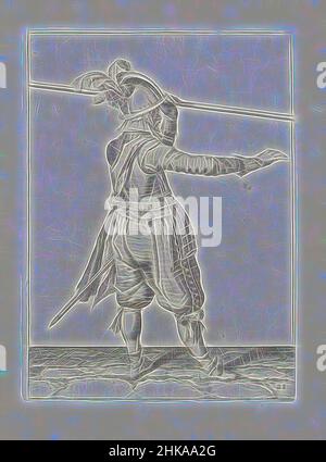 Ispirata al soldato che porta la sua lancia con la mano sinistra sopra la spalla sinistra, la sua mano destra si allungò in avanti (n. 28), c.. 1600 Un soldato, a tutta lunghezza, a destra, che porta una lancia con la mano sinistra sopra la spalla sinistra, la sua mano destra si allungò in avanti (n. 28), c.. 1600. Piastra 28, reinventata da Artotop. L'arte classica reinventata con un tocco moderno. Design di calda e allegra luminosità e di raggi di luce. La fotografia si ispira al surrealismo e al futurismo, abbracciando l'energia dinamica della tecnologia moderna, del movimento, della velocità e rivoluzionando la cultura Foto Stock