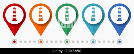 Faro, set di icone vettoriali di concetto di viaggio, puntatori di design piatti, modello infografico Illustrazione Vettoriale