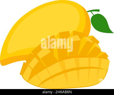 Mango, frutta intera e metà, su sfondo bianco, illustrazione vettoriale Illustrazione Vettoriale