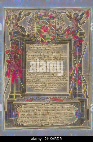 Ispirato dalla pagina del titolo per un'edizione francese di Jacob de Gheyns Wapenhandelinghe van Roers Musquetten ende spiessen, 1608, Maniement d'armes, d'arquebus, mousquetz et piques : en conformité de l'ordre de Mour le Prince Maurice, Prince d'Orange (...) Representé par figures par Jaques de Gheijn, Title, Reimagined by Artotop. L'arte classica reinventata con un tocco moderno. Design di calda e allegra luminosità e di raggi di luce. La fotografia si ispira al surrealismo e al futurismo, abbracciando l'energia dinamica della tecnologia moderna, del movimento, della velocità e rivoluzionando la cultura Foto Stock