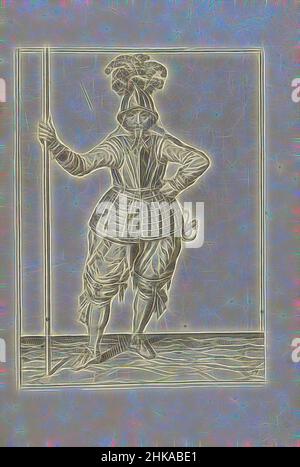 Ispirato da Soldier, visto dalla parte anteriore, tenendo la sua lancia con la mano destra in posizione verticale (n. 17), c.. 1600, un soldato, a tutta lunghezza, che tiene una lancia con la mano destra in posizione eretta (n. 17), c.. 1600. Piastra 17 nelle istruzioni per la manipolazione della lancia: Enseignement brief; et succint sur les, Reimagined by Artotop. L'arte classica reinventata con un tocco moderno. Design di calda e allegra luminosità e di raggi di luce. La fotografia si ispira al surrealismo e al futurismo, abbracciando l'energia dinamica della tecnologia moderna, del movimento, della velocità e rivoluzionando la cultura Foto Stock