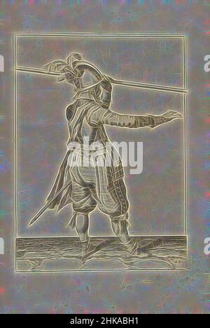 Ispirata al soldato che porta la sua lancia con la mano sinistra sopra la spalla sinistra, la sua mano destra si allungò in avanti (n. 28), c.. 1600 Un soldato, a tutta lunghezza, a destra, che porta una lancia con la mano sinistra sopra la spalla sinistra, la sua mano destra si allungò in avanti (n. 28), c.. 1600. Piastra 28, reinventata da Artotop. L'arte classica reinventata con un tocco moderno. Design di calda e allegra luminosità e di raggi di luce. La fotografia si ispira al surrealismo e al futurismo, abbracciando l'energia dinamica della tecnologia moderna, del movimento, della velocità e rivoluzionando la cultura Foto Stock
