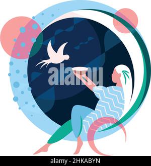 Illustrazione di una donna seduta che nutre una colomba bianca volante. Illustrazione Vettoriale