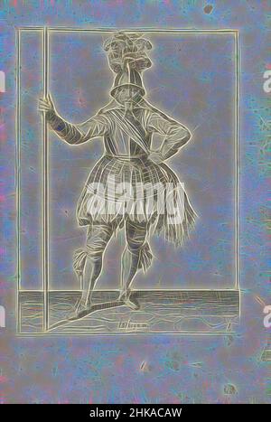 Ispirato da Soldier, visto dalla parte anteriore, tenendo la sua lancia con la mano destra in posizione verticale (n. 1), c.. 1600, un soldato, a tutta lunghezza, che tiene una lancia con la mano destra in posizione eretta (n. 1), c.. 1600. Piastra 1 nelle istruzioni per la manipolazione della lancia: Enseignement brief; et succint sur les portraitz, reimmaginato da Artotop. L'arte classica reinventata con un tocco moderno. Design di calda e allegra luminosità e di raggi di luce. La fotografia si ispira al surrealismo e al futurismo, abbracciando l'energia dinamica della tecnologia moderna, del movimento, della velocità e rivoluzionando la cultura Foto Stock