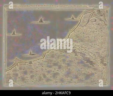 Ispirato dalla carta della costa della Francia settentrionale con le foci dei fiumi Somme e Bresle, 1710, Les embouchures de la Somme et de Bresle riv, ou est St. Valeri, eu et Dieppe, Mappa della costa della Francia settentrionale con le foci dei fiumi Somme e Bresse, 1710. Parte di una collezione in bundle, Reimagined by Artotop. L'arte classica reinventata con un tocco moderno. Design di calda e allegra luminosità e di raggi di luce. La fotografia si ispira al surrealismo e al futurismo, abbracciando l'energia dinamica della tecnologia moderna, del movimento, della velocità e rivoluzionando la cultura Foto Stock