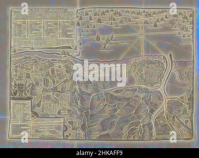 Ispirato dall'assedio di Ostenda, 1706, Plan de la ville d'Ostende, Mappa dell'assedio di Ostenda da parte degli Alleati sotto Enrico di Nassau, signore di Ouwerkerk, assediato dal 17 giugno, preso il 6 luglio 1706. In alto a sinistra una cartouche con il titolo e le leggende 1-57 in francese. In basso a sinistra una cartouche elenca i reggimenti, Reimagined by Artotop. L'arte classica reinventata con un tocco moderno. Design di calda e allegra luminosità e di raggi di luce. La fotografia si ispira al surrealismo e al futurismo, abbracciando l'energia dinamica della tecnologia moderna, del movimento, della velocità e rivoluzionando la cultura Foto Stock
