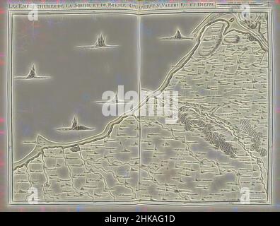 Ispirato dalla carta della costa della Francia settentrionale con le foci dei fiumi Somme e Bresle, 1710, Les embouchures de la Somme et de Bresle riv, ou est St. Valeri, eu et Dieppe, Mappa della costa della Francia settentrionale con le foci dei fiumi Somme e Bresse, 1710. Parte di una collezione in bundle, Reimagined by Artotop. L'arte classica reinventata con un tocco moderno. Design di calda e allegra luminosità e di raggi di luce. La fotografia si ispira al surrealismo e al futurismo, abbracciando l'energia dinamica della tecnologia moderna, del movimento, della velocità e rivoluzionando la cultura Foto Stock