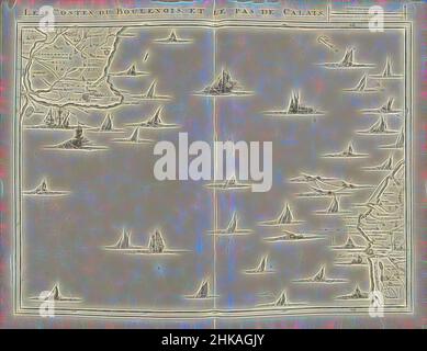 Ispirato dalla carta dello stretto di dover, 1709, Les Costes du Boulenois, et le Pas de Calais, Mappa dello stretto di dover, 1709. Parte di una raccolta di piani di battaglie e città rinomate nella Guerra di successione spagnola. Questa piastra è tra le prime 24 piastre che compongono un grande, Reimagined by Artotop. L'arte classica reinventata con un tocco moderno. Design di calda e allegra luminosità e di raggi di luce. La fotografia si ispira al surrealismo e al futurismo, abbracciando l'energia dinamica della tecnologia moderna, del movimento, della velocità e rivoluzionando la cultura Foto Stock
