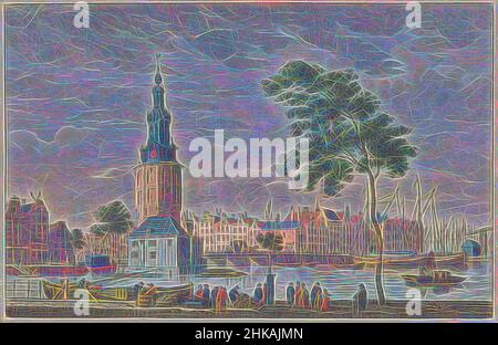 Ispirato da Montelbaanstoren te Amsterdam, ca. 1790, De Mont-Albaans Toren te Amsterdam, Tour du Mont Alban à Amsterdam, Vista del Montelbaanstoren sul Oudeschans ad Amsterdam, in primo piano il Kalkmarkt, ca. 1790. Parte di un pezzo di lamiera di c.. 1824-1825 contenente 74 piastre (non numerate) di, reinventate da Artotop. L'arte classica reinventata con un tocco moderno. Design di calda e allegra luminosità e di raggi di luce. La fotografia si ispira al surrealismo e al futurismo, abbracciando l'energia dinamica della tecnologia moderna, del movimento, della velocità e rivoluzionando la cultura Foto Stock