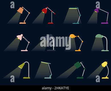Set di lampade da scrivania con luce accesa, illustrazione vettoriale su sfondo scuro Illustrazione Vettoriale