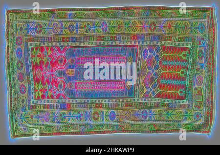 Ispirato da tappeto di preghiera, il cosiddetto tappeto di preghiera colonna, con pannello inferiore e anno, LADIK, tappeto di preghiera, il cosiddetto tappeto di preghiera colonna, con pannello inferiore e (indistinto) anno, LADIK. Midfield: Blu chiaro mihrab con tre pannelli a due pannelli, più in alto al centro, un anno di riferimento (1211? = 1796?), colonne mobili e stringa, reinventate da Artotop. L'arte classica reinventata con un tocco moderno. Design di calda e allegra luminosità e di raggi di luce. La fotografia si ispira al surrealismo e al futurismo, abbracciando l'energia dinamica della tecnologia moderna, del movimento, della velocità e rivoluzionando la cultura Foto Stock