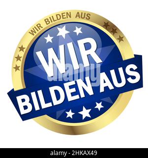 EPS 10 vettore con pulsante rotondo colorato con banner e. testo che istruiamo (in tedesco) Illustrazione Vettoriale