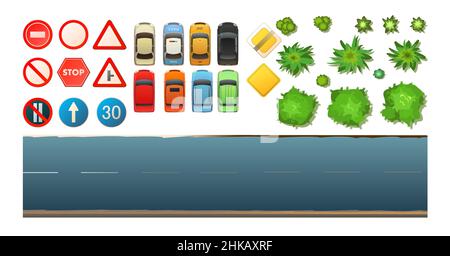 Segnaletica stradale e auto. Insieme di oggetti traffico. Specificare e limitare. Vista dall'alto. Stile divertente Cartoon. Strada e alberi. Isolato su sfondo bianco Illustrazione Vettoriale
