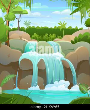 Paesaggio tropicale con cascata tra le rocce. La cascata fruscii verso il basso. Palme e foresta pluviale in lontananza. Flusso d'acqua. Stile cartoon cool. Vettore Illustrazione Vettoriale