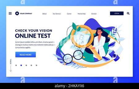 Medico donna con lente d'ingrandimento e visione Snellen grafico. Controllo della vista verifica del concetto di cura degli occhi. Elementi di disegno medico cartoon piano vettoriale. Consultare Illustrazione Vettoriale